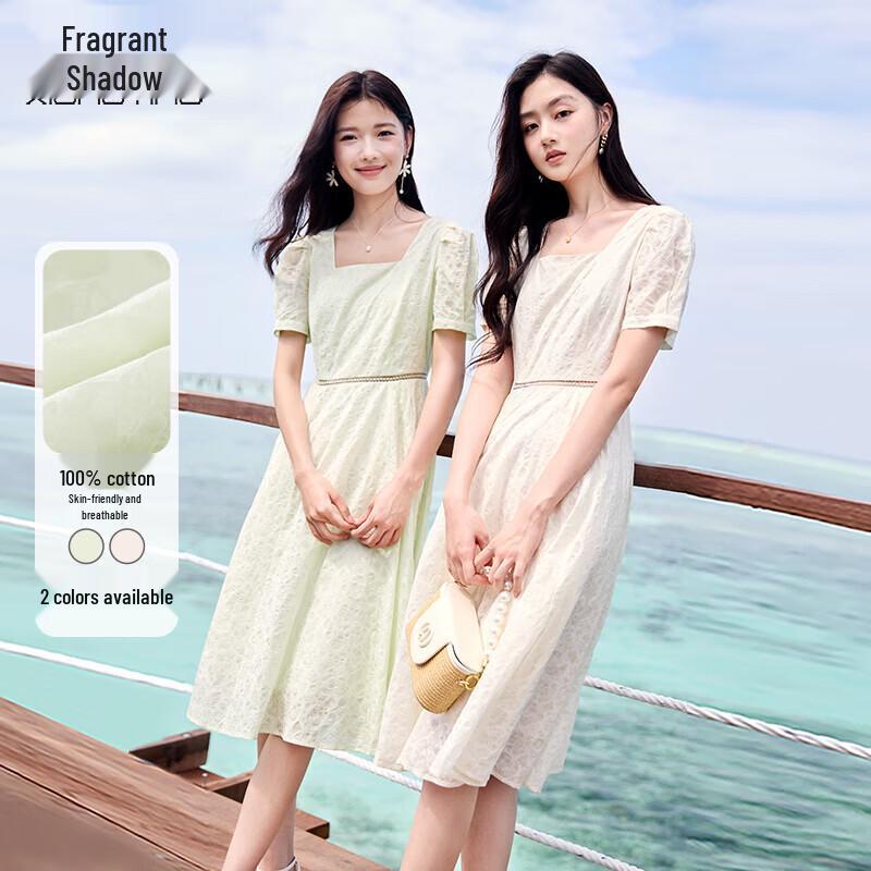 French Square Neck Cotton Puff Sleeve Dress