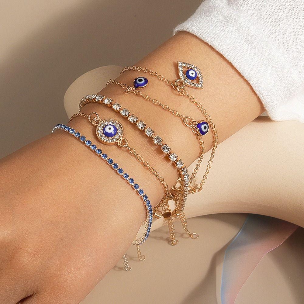 Vintage Demon's Eye Bracelet Silver Resin Bead Handchain Crystal Bracelet Set  Decoration