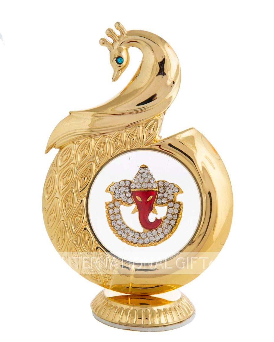Golden Peacock Shaped Ganesh Idol, For Home, Car Dashboard, Golden, Brass -12 Cm