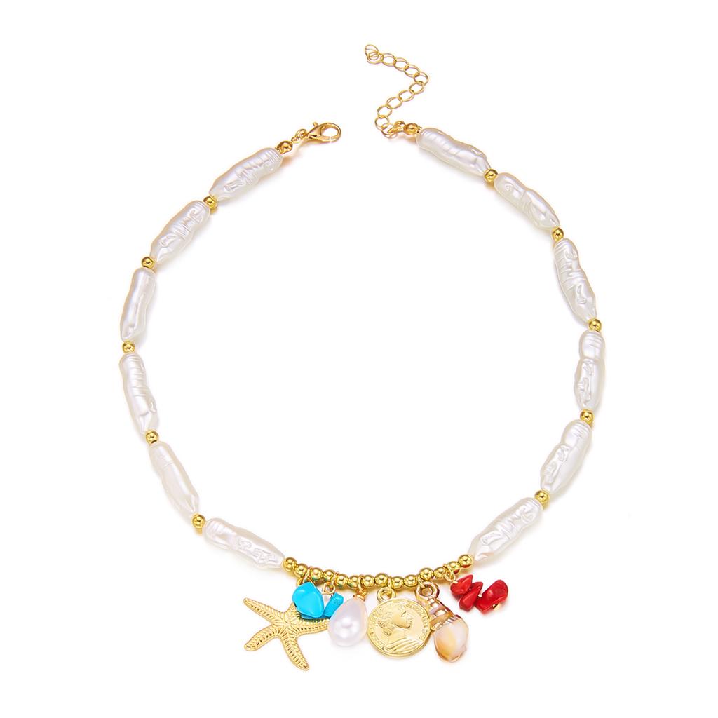 New Luxury Baroque Imitation Pearl Necklace for Women Gold Color Starfish Conch Pendant Choker Summer Beach Wedding Jewelry Gift