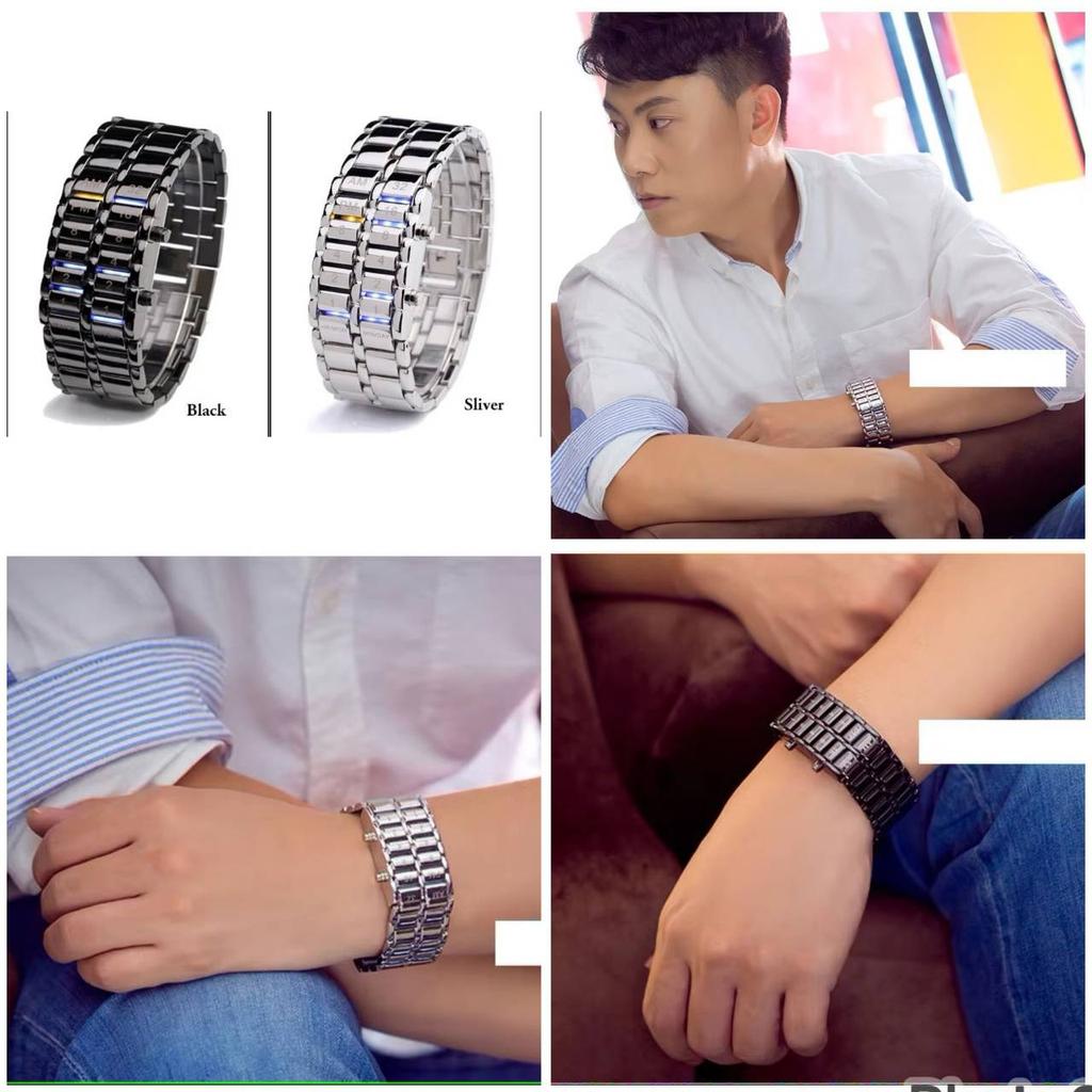Moda Lava Iron Samurai Saat Erkekler İkili LED Saatler Siyah Gümüş Paslanmaz Çelik Elektronik Bileklik Saatler LED Erkek Spor Kol Saatleri