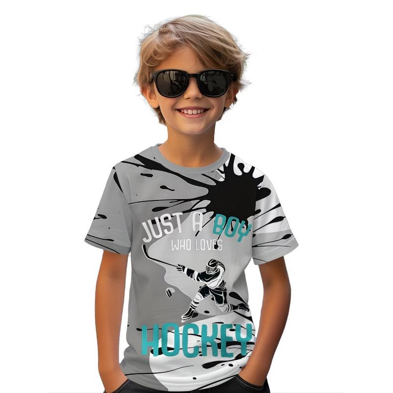 Junge, der Hockey liebt, Grafik-T-Shirt, Sommer-Kurzarm-T-Shirt für Kinder, Tägliches Lässiges Sport-Kinderkleidung, Oberteile, Kinderkleidung