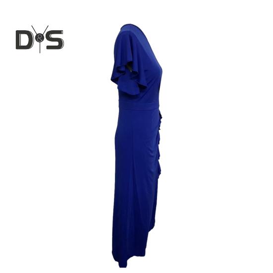 Women Summer O Neck Short Sleeve Gown Dress High Waist Side Ruffle Decor Split Hem Slim Fit Hip Wrapped Evening Party Dress