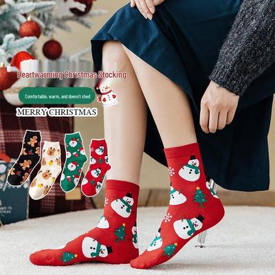 Trendy Christmas Cartoon Mid-Calf Socks for Women - Cute and Cozy Autumn/Winter Cotton Gift In Red