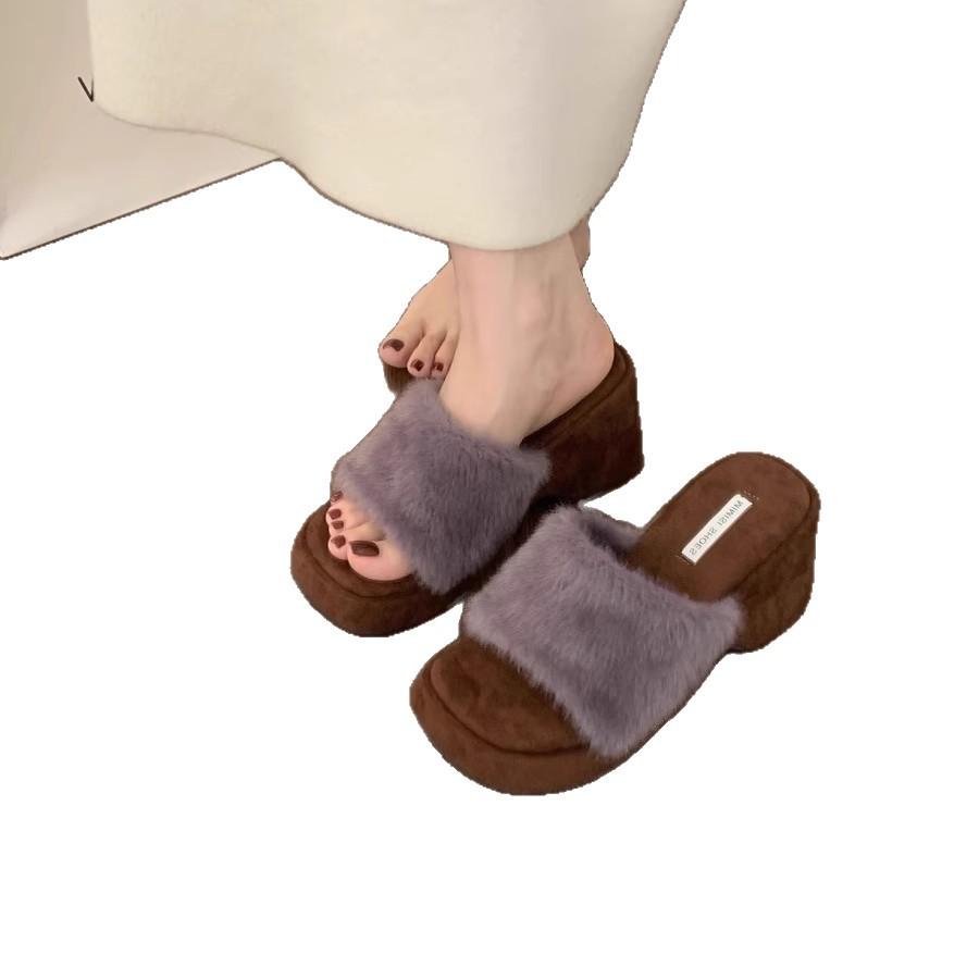 Internet celebrity fairy wind leopard print mink hair one-word drag hairy shoes female outer wear thick soles heightened slope heel home cotton slipp