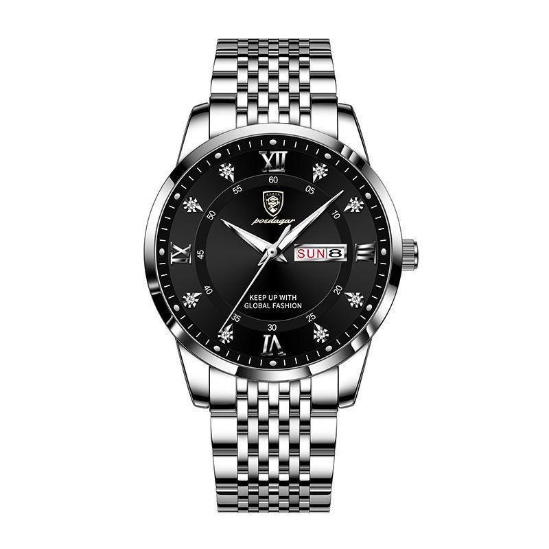 POEDAGAR Luxury Business Man Watch Stainless Steel Week Date Men's Wristwatch Waterproof Luminous Fashion Quartz Watches for Men