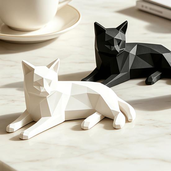 Cat Statues for Home Decor 3D Printed Geometric Figurine, Minimalist Desktop Sculpture Lovers, Polyhedron Art Crafts Office Nordic Style Small Animal