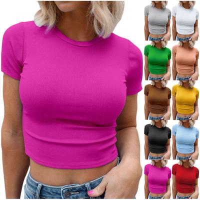 Women's Casual Summer Short Sleeve Slim Bottoming Round Neck Casual T-Shirts Solid Color Comfy Tops