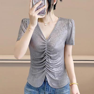 Summer Sexy V-Neck Streetwear T-Shirt For Women Chic Luxury Hot Diamonds Slim Tops Elegant Short Sleeve Tees