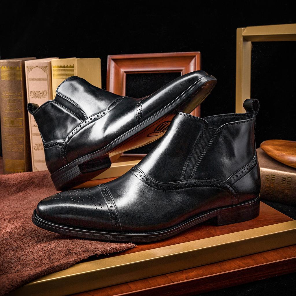 Men's high-top shoes carved cowhide men's shoes small square head Chelsea men's boots footwear