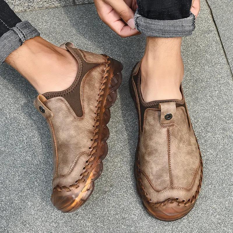 Handmade Big Size Men Casual Shoes Comfortable Non Slip Soft Soled Slip On Flat Loafers Moccasins for Daily Walking Driving Outdoor Wear