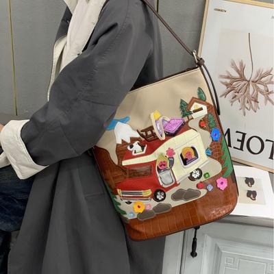 Simple Texture Literary Bucket Bag Women'S 2026 Splicing Embroidery Bag Casual Personality Shoulder Messenger Bag