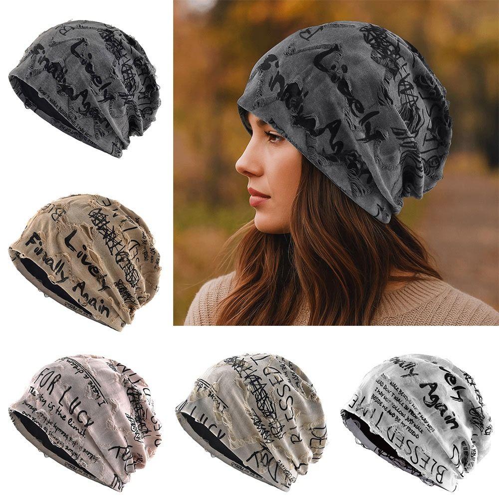 Thin Bonnet Vintage Beanie Wasteland Style Pullover Hat Distressed Letter Print Beanie  Unisex Wear