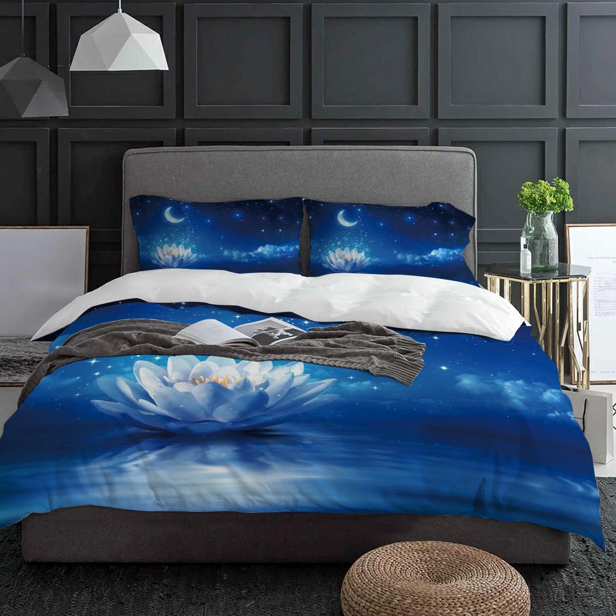 

Blue Moonlight Lotus Moon Duvet Cover With Pillow Case Custom Comforter 3pcs Bedding Set Quilt Cover Double Bed Home Textile (135x200cm)