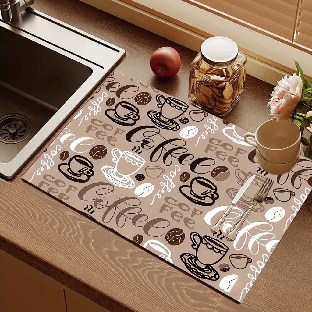 1Pcs Coffee  Printed Dish Rubber Drying Mat  For Coffee Shop Restaurant Kitchen Carpet Tableware Durable Diatom Mud Table Mat Pet Mat Coffeeware