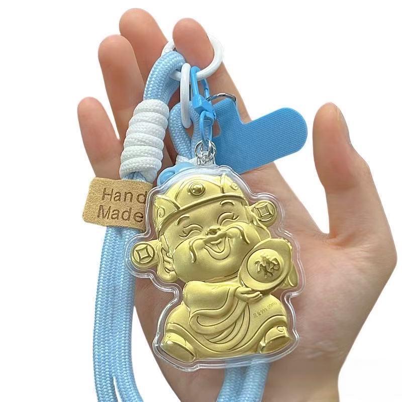 Shuibei 999 Fine Gold Lucky Cat Wealth Ingot Mobile Phone Lanyard & Bag Pendant