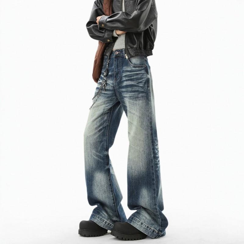 Mens Blue Washed Denim Jeans Slim Flare Vintage Streetwear Pants