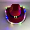 Santa Claus Western Hat Christmas LED Light Up Cowboy Hat Red Felt Wide Brim Cowgirl Jazz Hat for  Party Costume Accessory