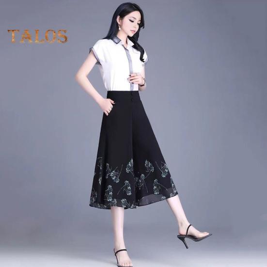 Pantaloni corti da donna, pantaloni larghi in chiffon sottile, elastici, vita alta, stampa floreale, vestibilità ampia, pantaloni culottes streetwear