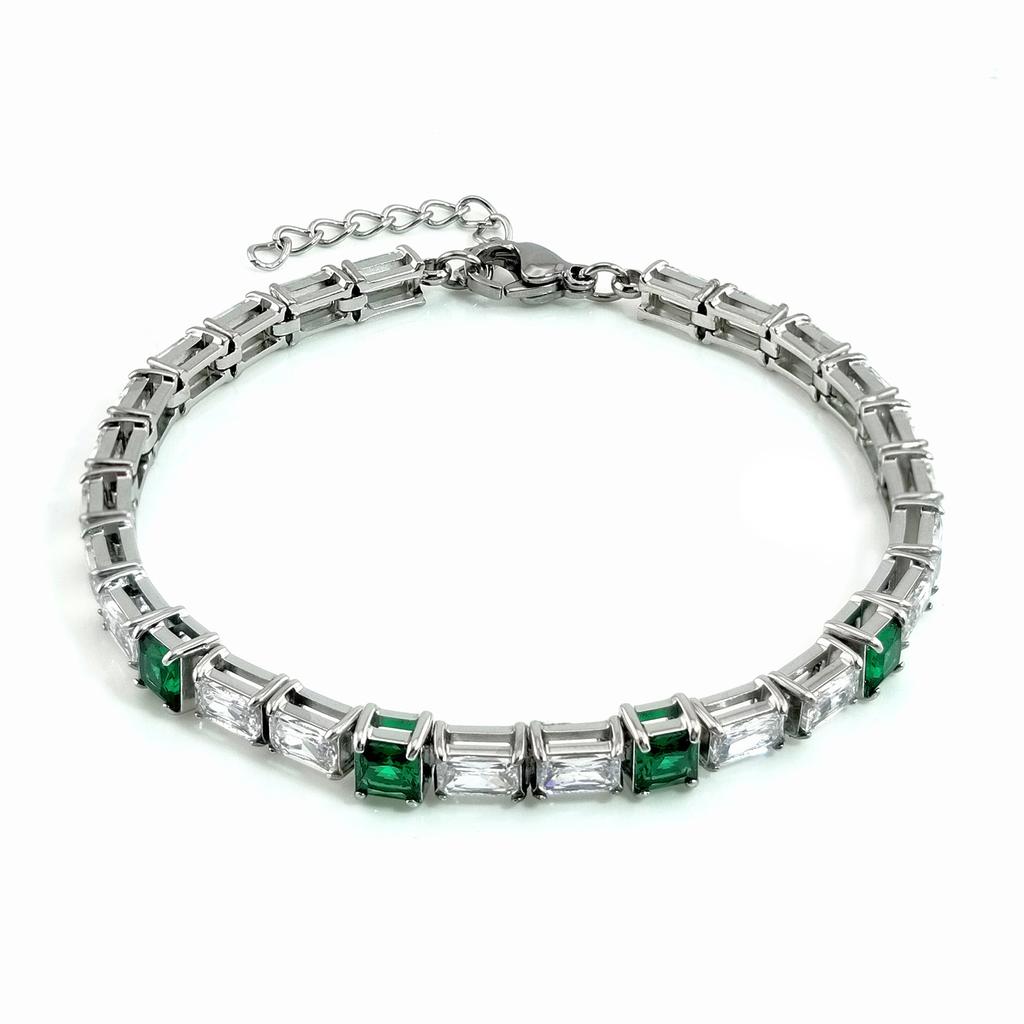 Personalized 4 Colors Available Claw Setting Rectangular and Square CZ Stainless Steel Tennis Bracelet With Extension Chain