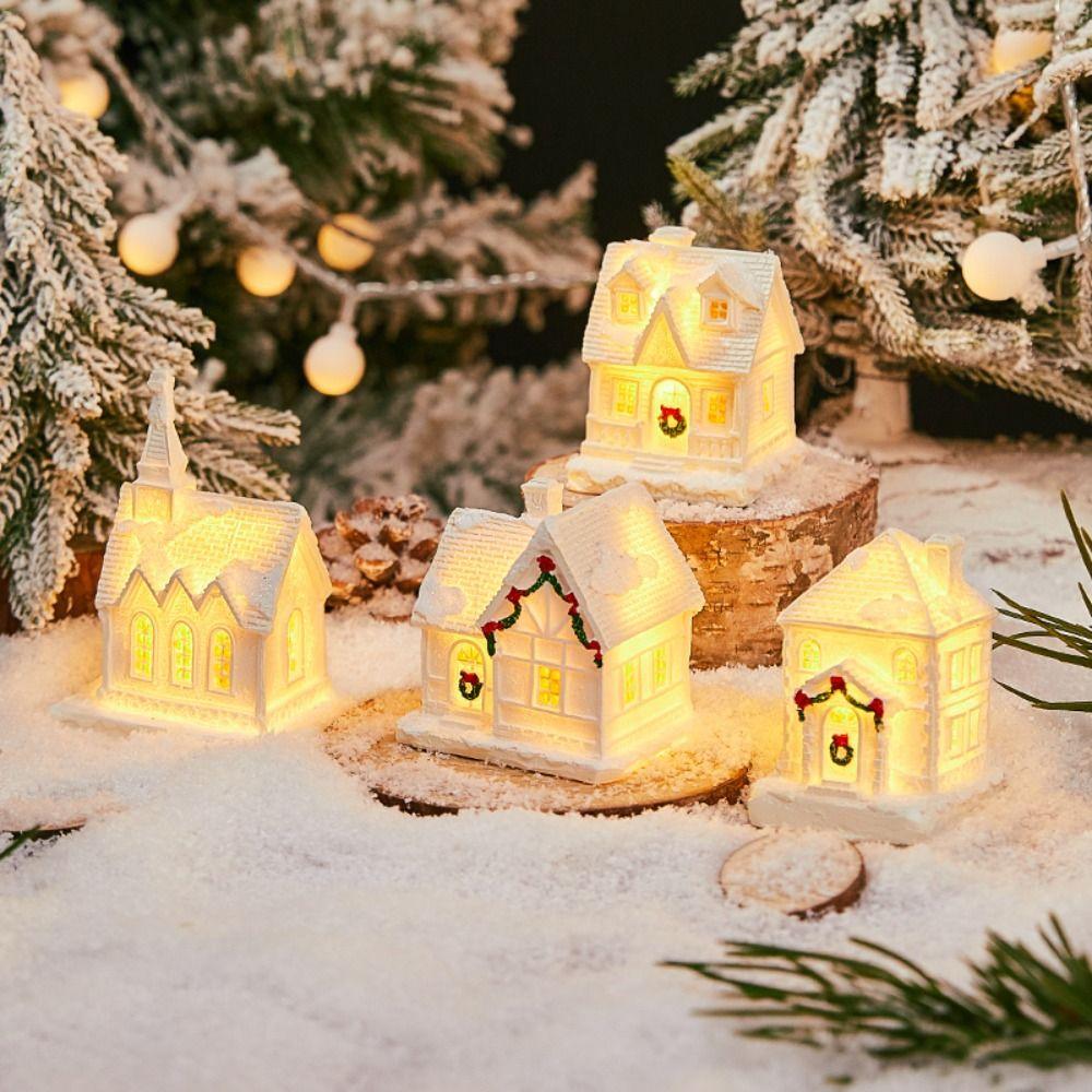 Cute Christmas Glowing Small House White Resin LED Light Snow House Warm Light Luminous Xmas House Ornament Party Favors