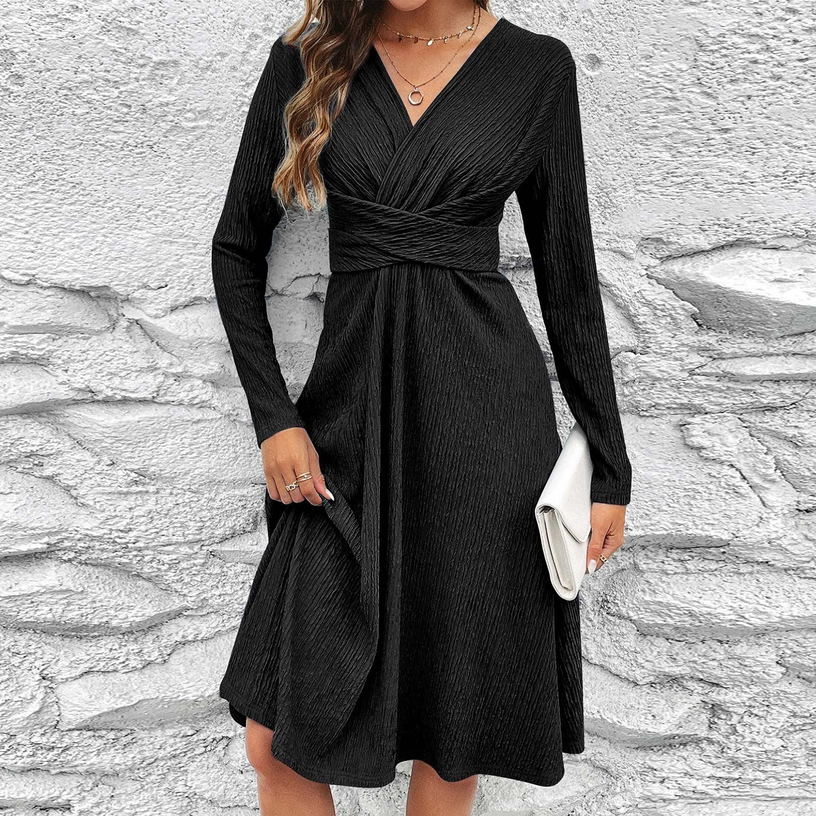 

Женская модная повседневная однотонная пуловерная юбка трапециевидной формы с длинными рукавами и v-образным вырезом, сексуальное платье для похудения талии M чёрный