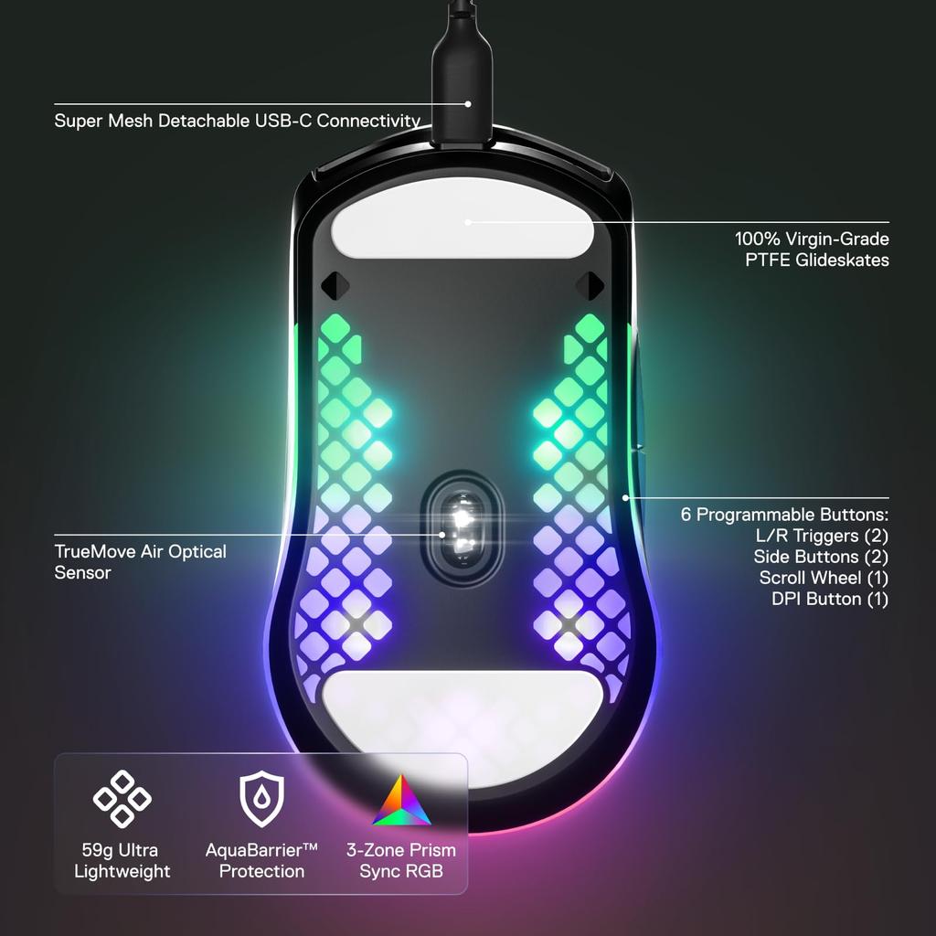 SteelSeries Aerox 3 Holey RGB Gaming Mouse and Waterproof Design DPI TrueMove Core Optical Sensor Onyx - - Ultra-Lightweight - 8,500 -
