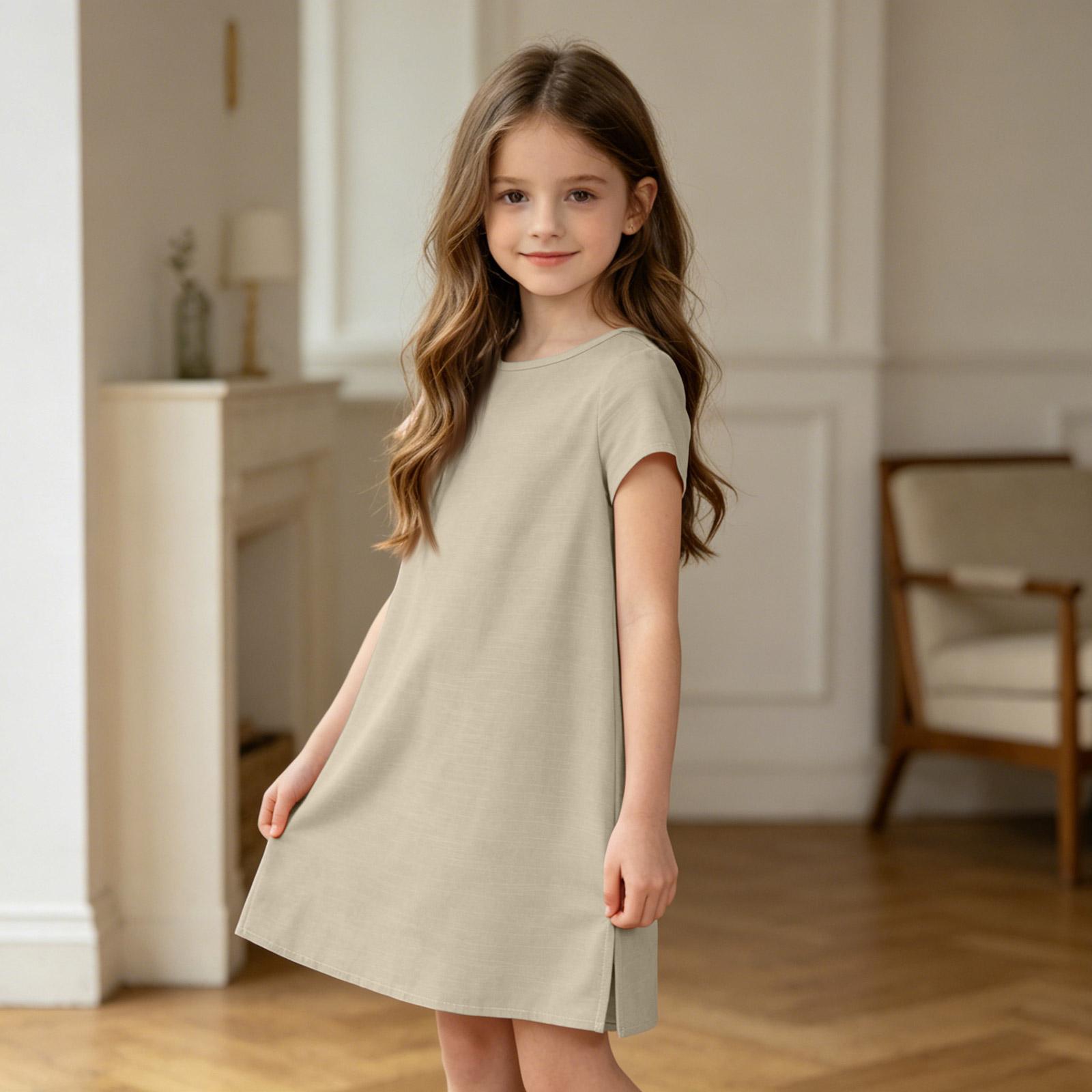 

Girls Casual Summer Dress Lightweight Breathable Cotton Linen Fabric Short Sleeve Loose Fit Knee Length Dress for Kids 130 бежевый