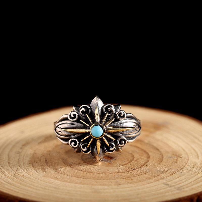 New Thai Silver Fine Craftsmanship Men's Jewelry: Vintage Turquoise Starlight Open Ring, Personalized Direct Sale