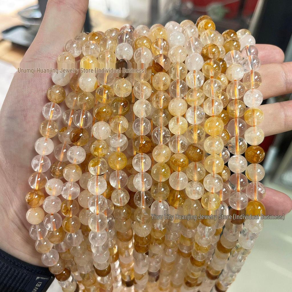 Huan Jing Jewelry 7a Natural Ice Yellow Rutilated Quartz Round Beads for DIY Bracelet Making