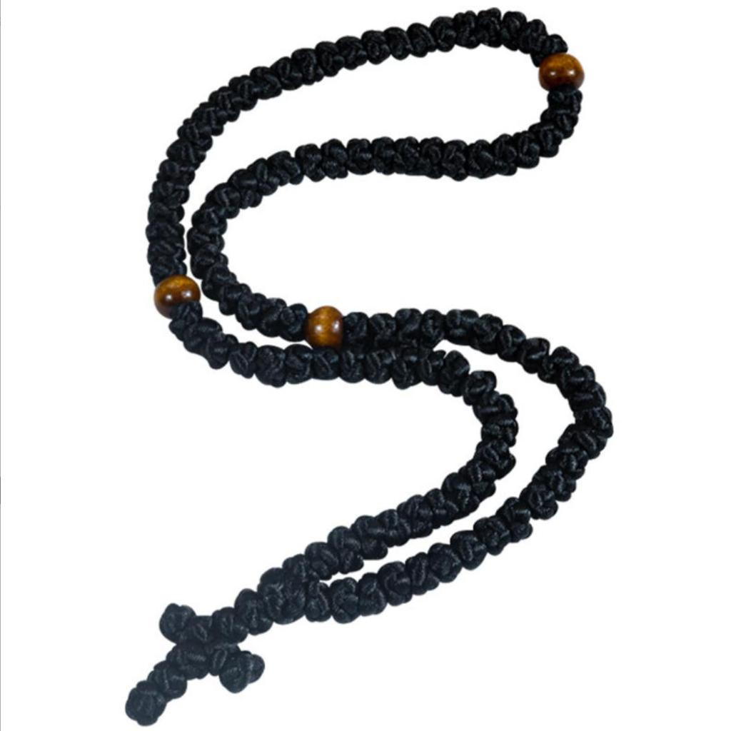 Pravoslavný Chotki Komboskini Náramková šňůra na modlitbu, Pletený polyesterový náramek s křížkem z dřevěné korálky, Unisex, Pro každodenní zbožnost, Duchovní šperk