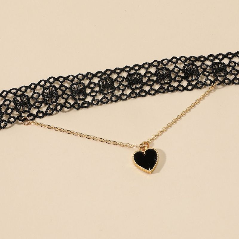 Gargantilha estilo europeu e americano retrô vazada de renda preta sexy amor colar gargantilha