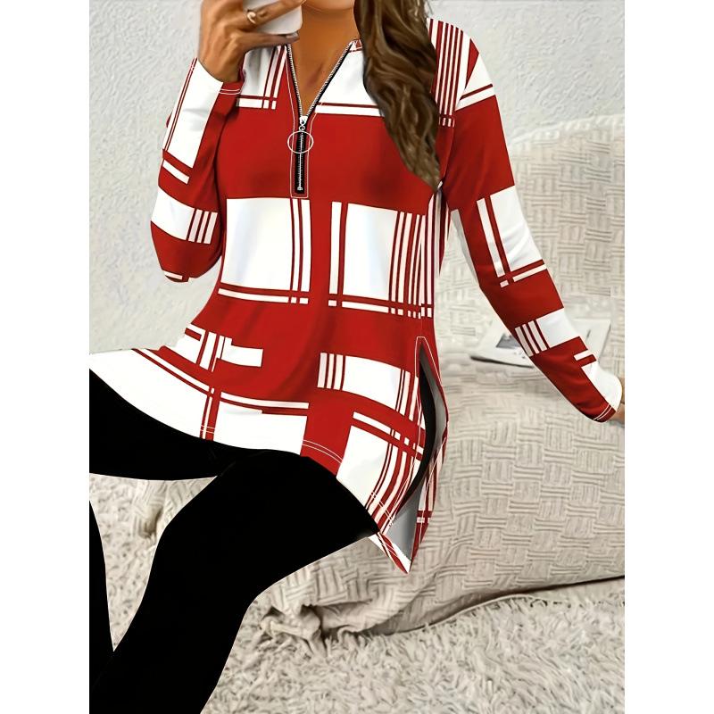 

Color Block Print Zip Long Sleeve Shirt C97653 4XL красный