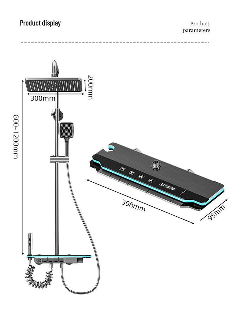 Gray Atmosphere Lighting All-Copper Shower Set with Thermostatic Digital Display and Pressurized Rain Shower Head