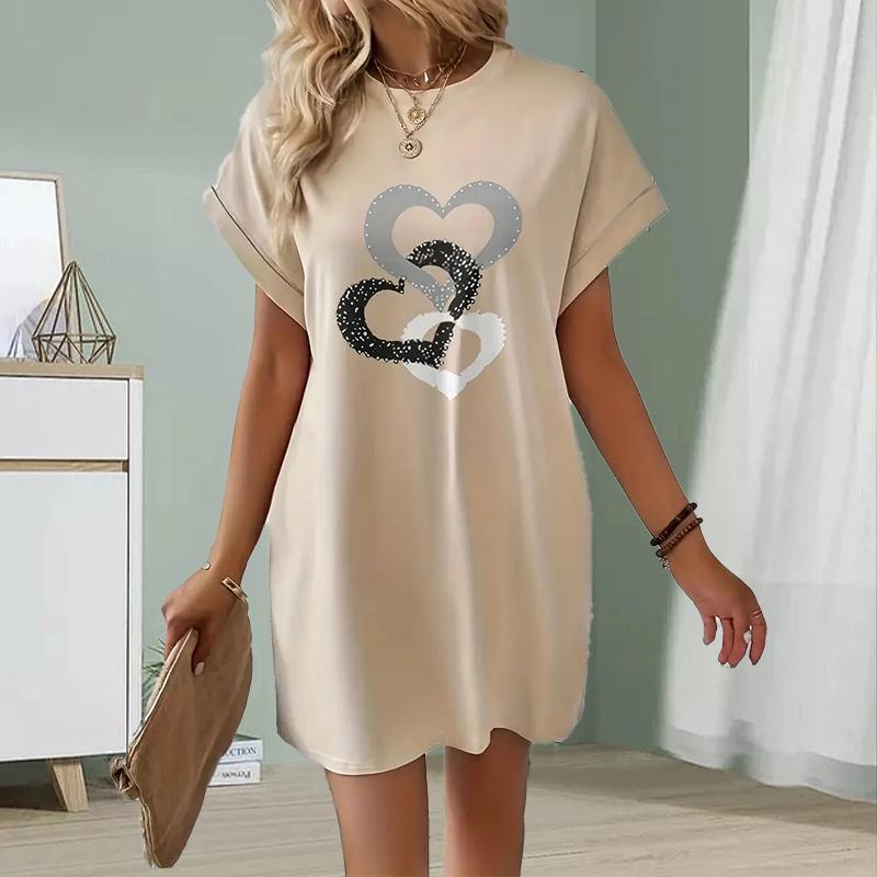 

Модное женское свободное платье-трапеция с принтом любви и коротким рукавом 8XL дубильная кора