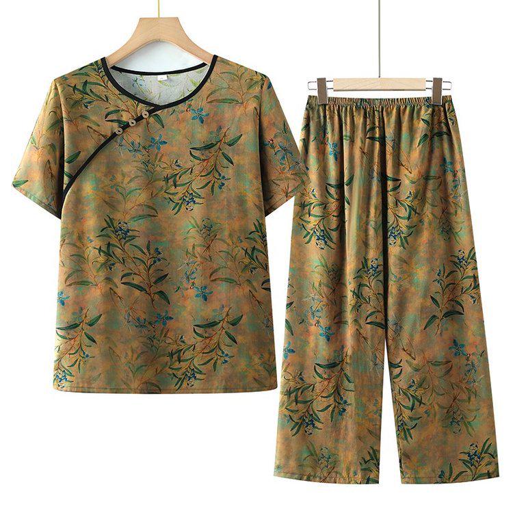 Elderly Women s Short Sleeve Summer Top & Pants Set - Lightweight Grandma Clothing XL