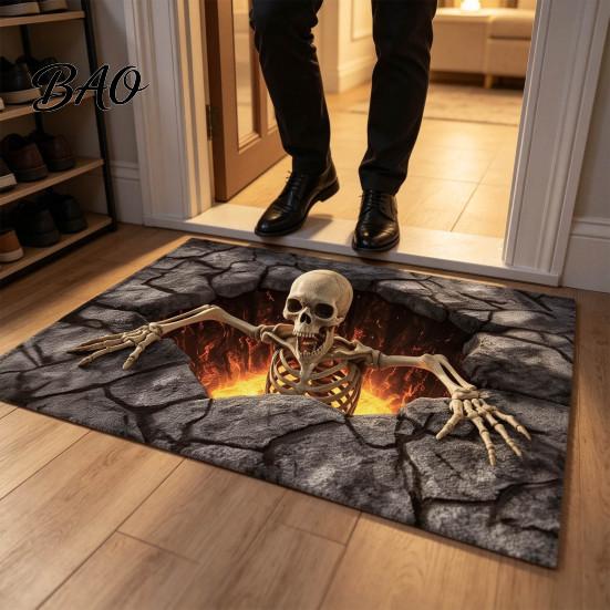 Funny Prank Door Mat 3D Halloween Rug, Optical Illusion Skeleton Realistic Depth Pattern, Jack-o'-lantern Floor Decor Spooky Pumpkin Non-slip