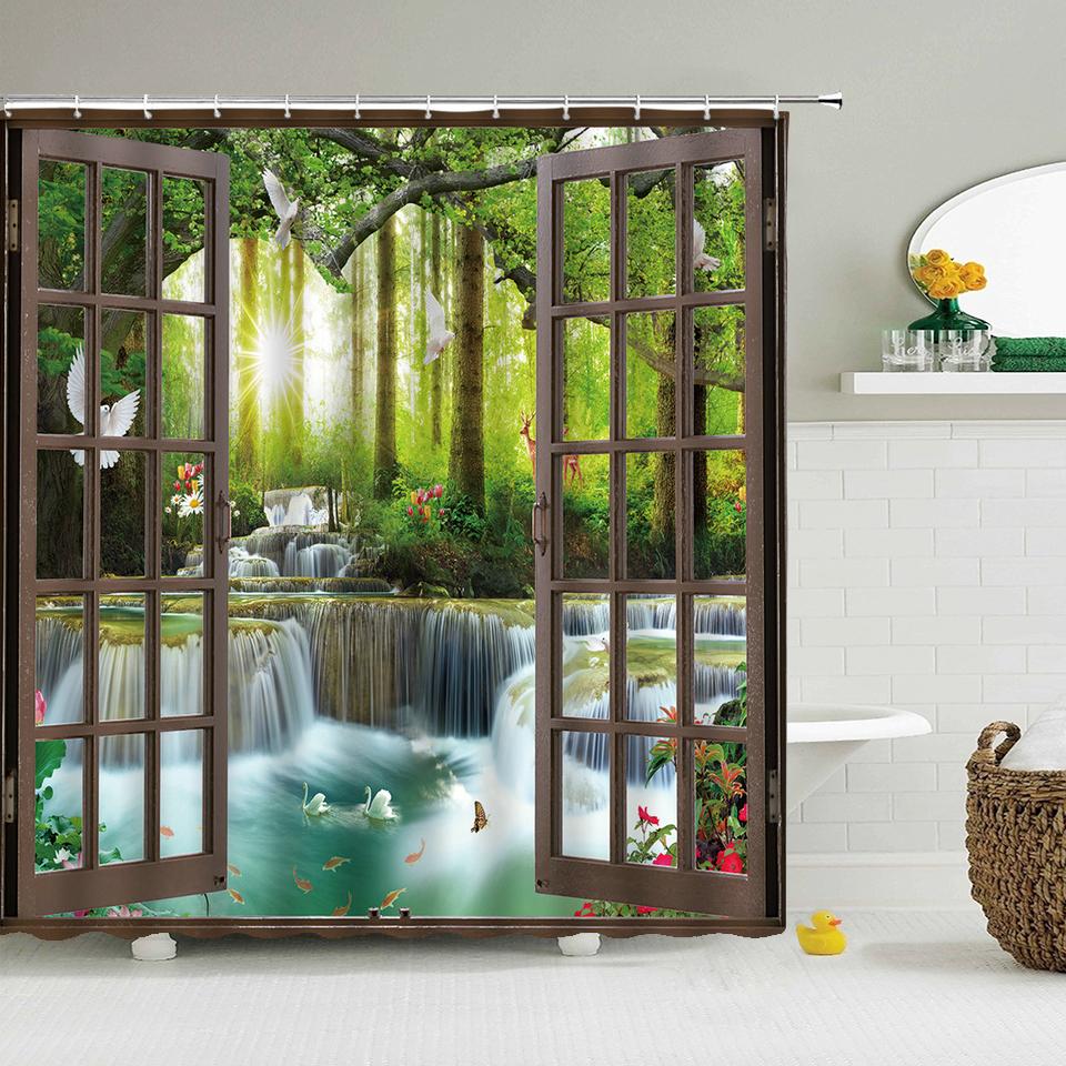 Bath Curtain 3d Printing Window Scenery Forest Shower Curtains Waterproof Bathroom Curtain Washable Fabric With Hooks