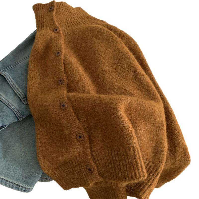 Korean Minimalist Wool High Neck Women's Button-Up Cardigan – Trendy Autumn/Winter Knitwear