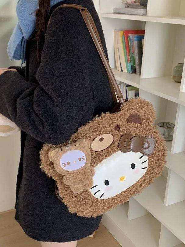 Hello Kitty Cartoon Plush Faux Leather Backpack For Daily Use And Storage