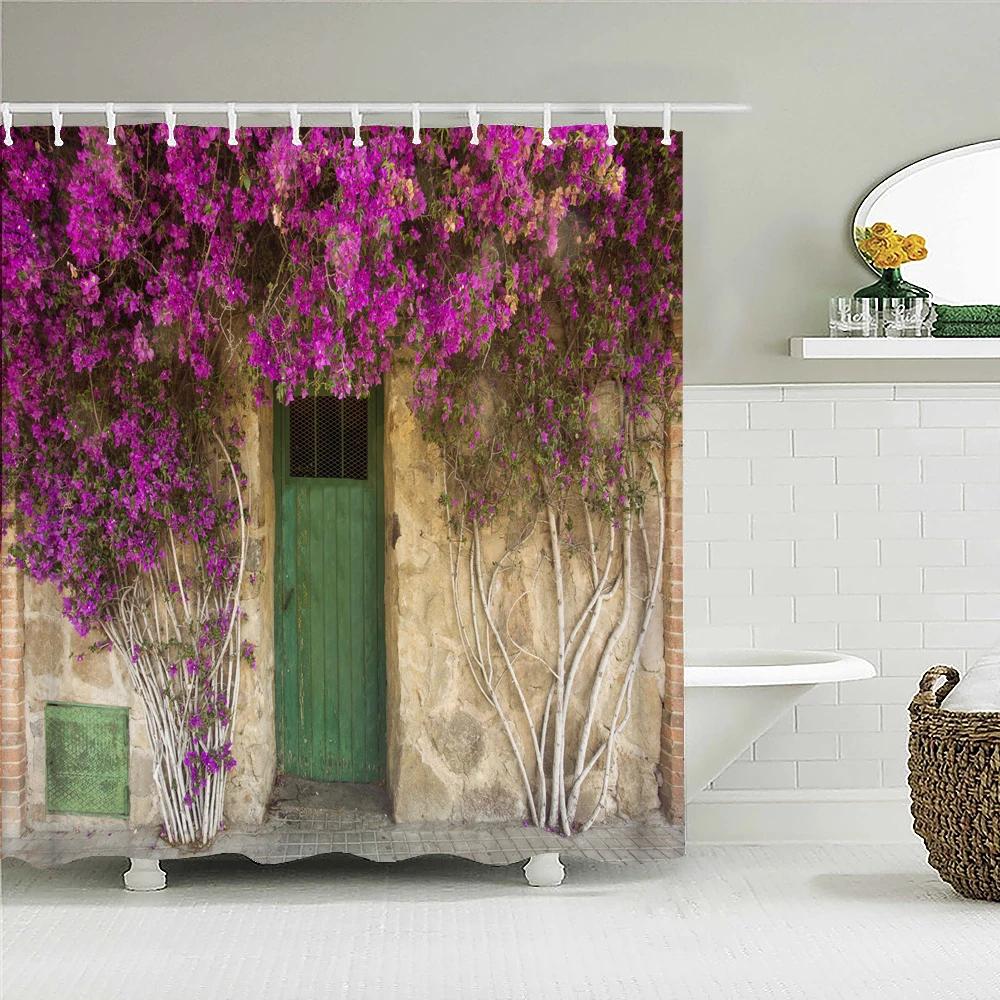 3D Printing Flowers Plant Garden Bathroom Shower Curtain Natural Landscape Home Decoration Waterproof Curtain with Hook Curtain