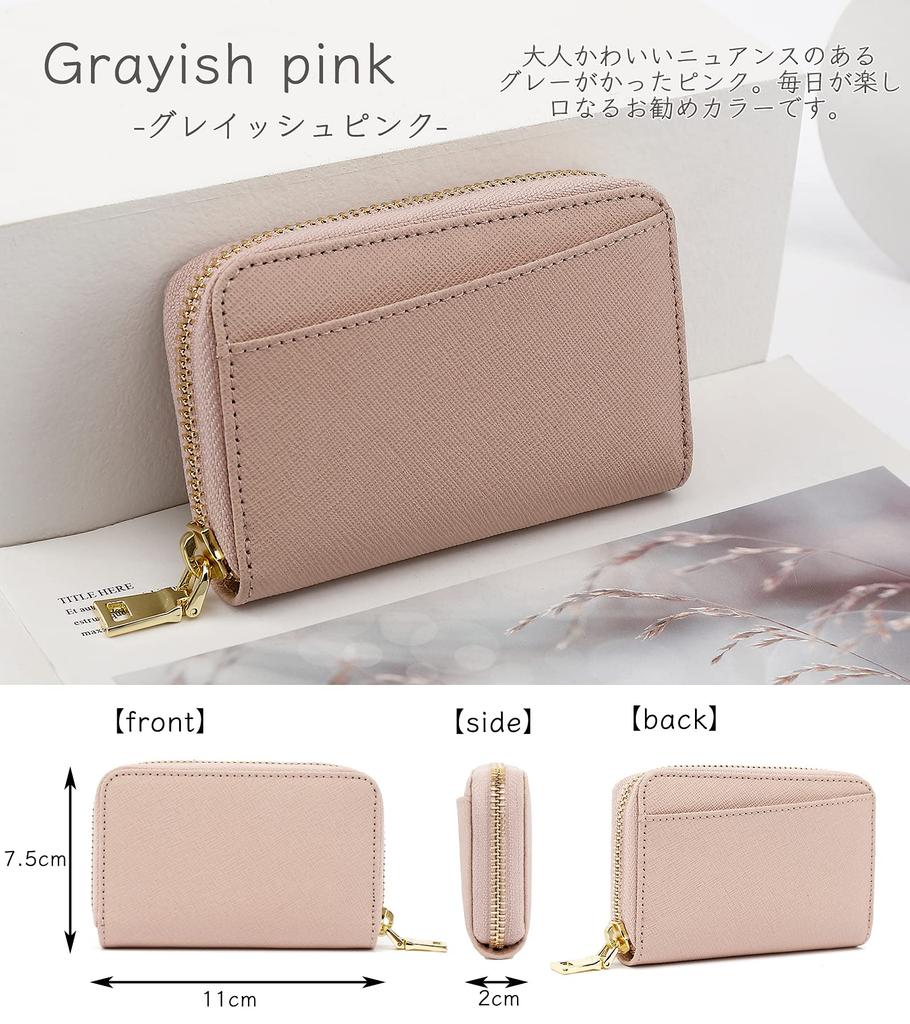 [honey&blue] Women's Bellows Card Case, Genuine Leather, YKK Zipper, Anti-Skimming, Coin Purse, Card Slots (Grayish Pink)