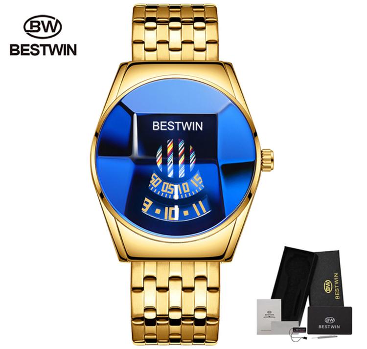 2021 Bestwin Sport Chronograph Wristwatch for Men Casual Gold Quartz Watch with Leather Band Cartoon Style