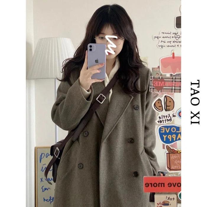 

Korean Style Loose Fit Black Woolen Coat for Women L серый