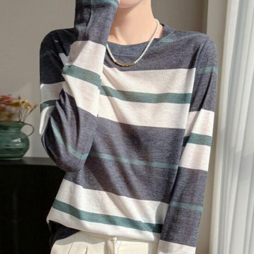 Navava Casual STriped Color Block Round Neck Long Sleeve T shirT Nk3603