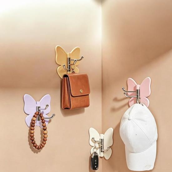 4PCS Butterfly Rotating Adhesive Hook, with 3 Swivel No Drill Wall Hook, Space Saving Adhesive Hook for Bathroom Kitchen Bedroom