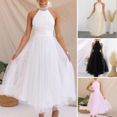Abendkleid für Damen, ärmellos, mehrlagig, rückenfreier Kragen, Neckholder, Schnürung, hoher schulterfreier Netzsaum