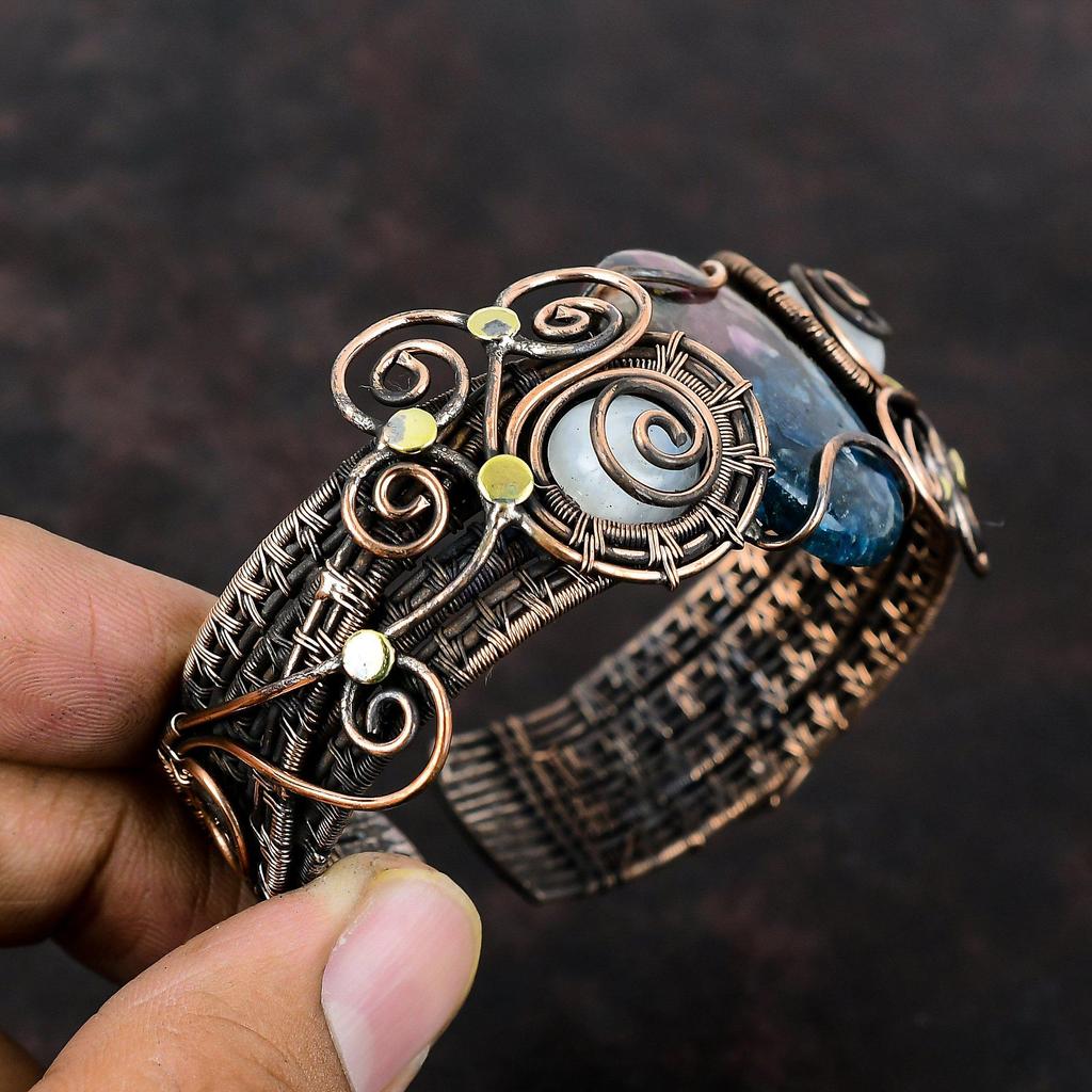 Watermelon Tourmaline Bangle Copper Wire Wrapped Gemstone Cuff Bracelet Adjustable Bangle Handmade Moonstone Bangle Copper Jewelry For Gift