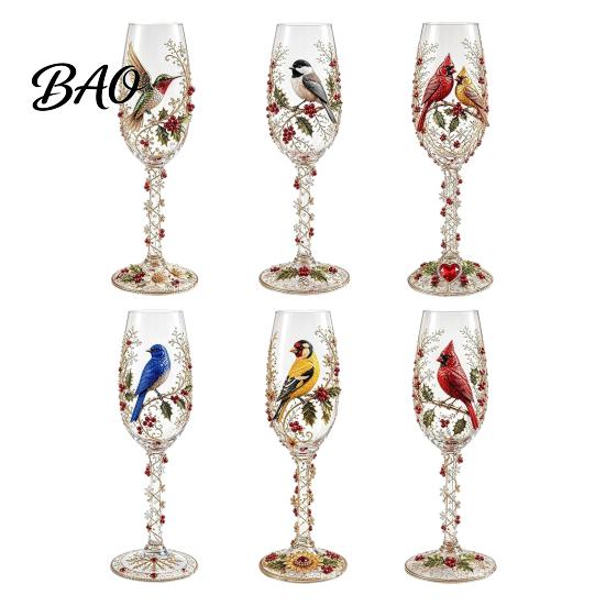 Bird Pattern Juice Glass Hand-painted Wine Glass, And Floral Design Stem Goblet, Artistic Water Goblets Crystal Borosilicate Goblet for Red
