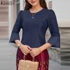 ZANZEA Women Casual Round Neck Lace Splice 3/4 Sleeve Elegant Blouse